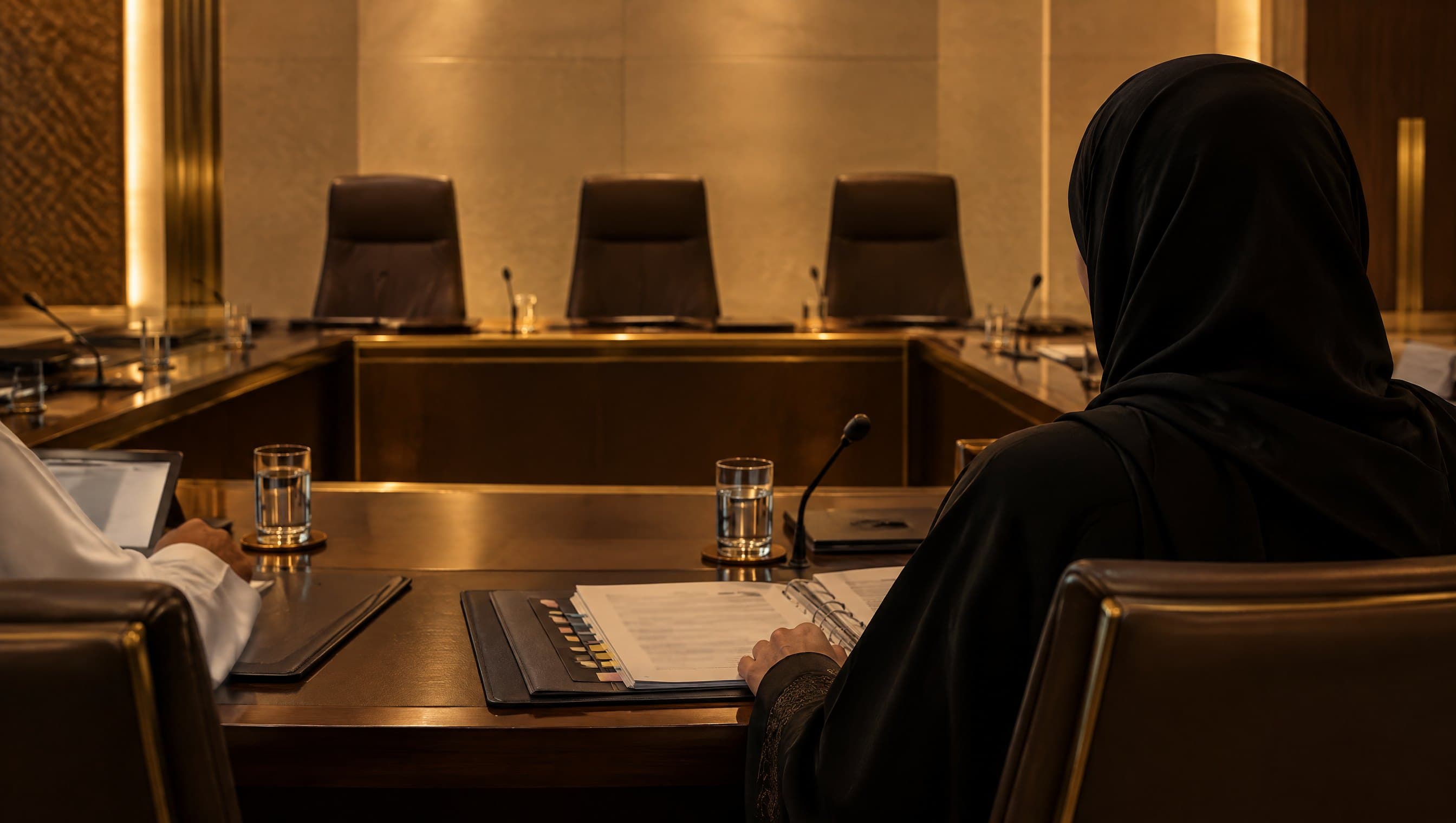 A woman seated at the table of an arbitration hearing room with a bundle of exhibits.