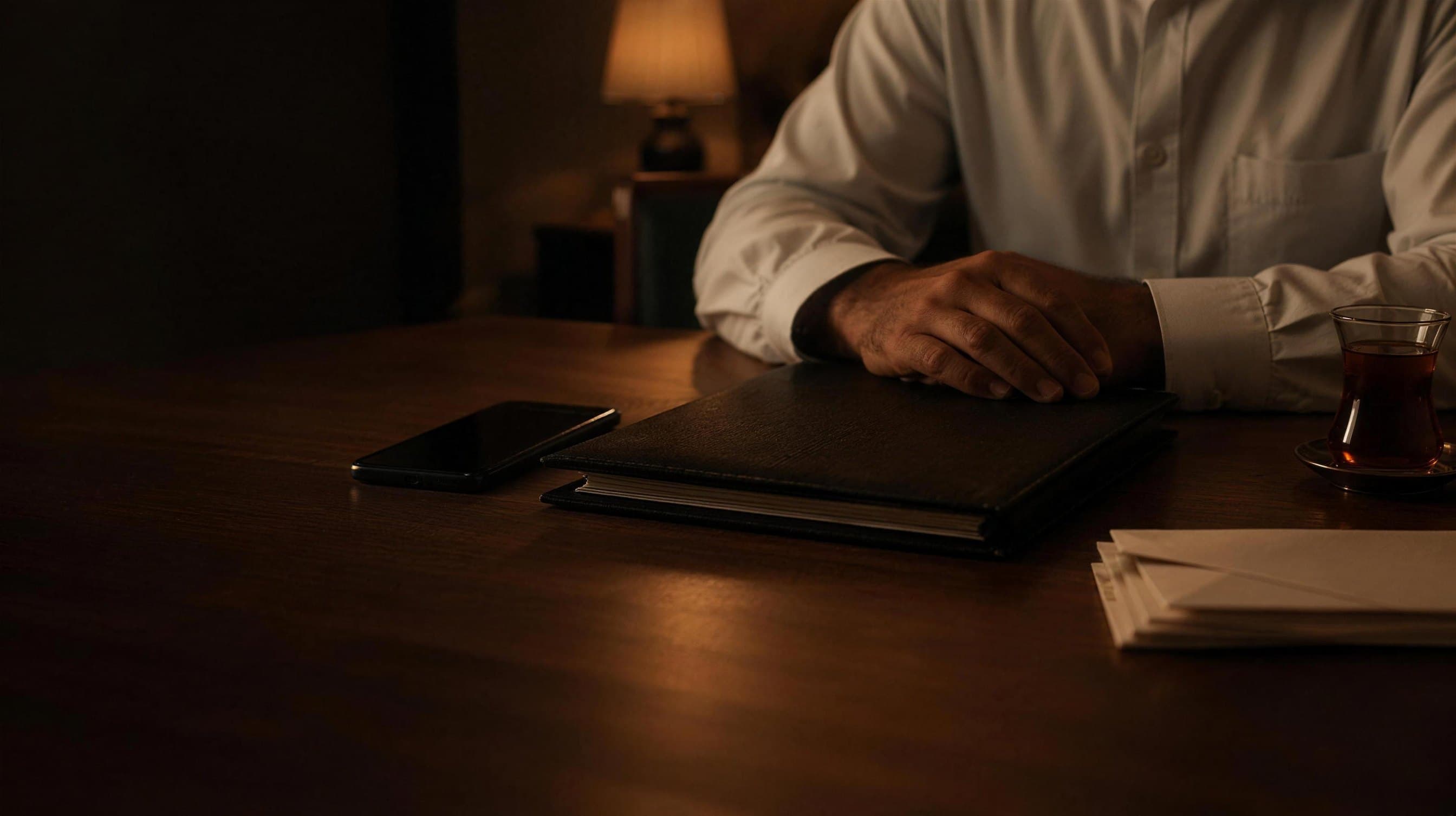 Hands resting on a closed bank folder beside a phone and envelopes on a table at night.