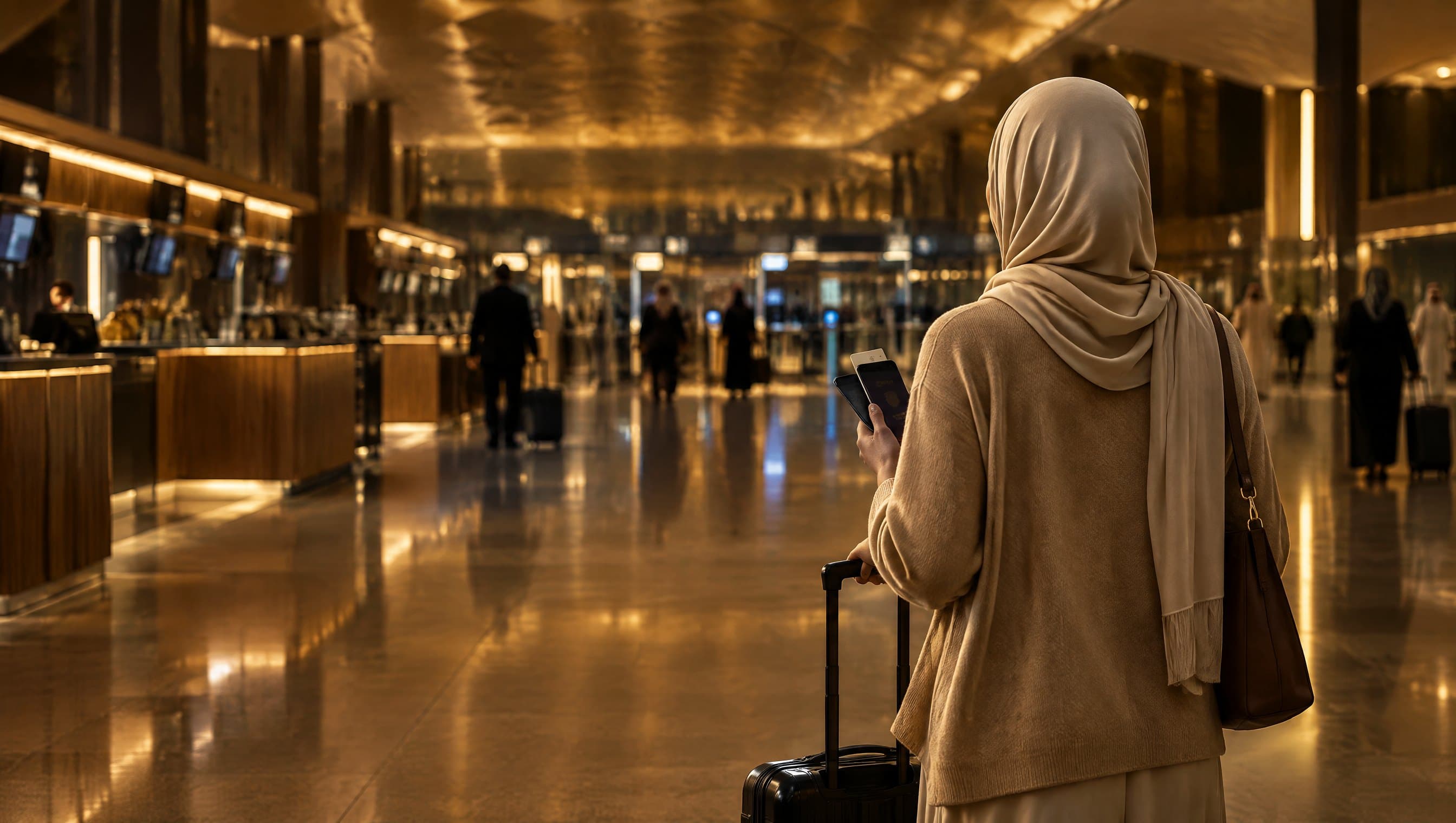 A traveller with her passport and suitcase heading toward passport control in a departures hall.