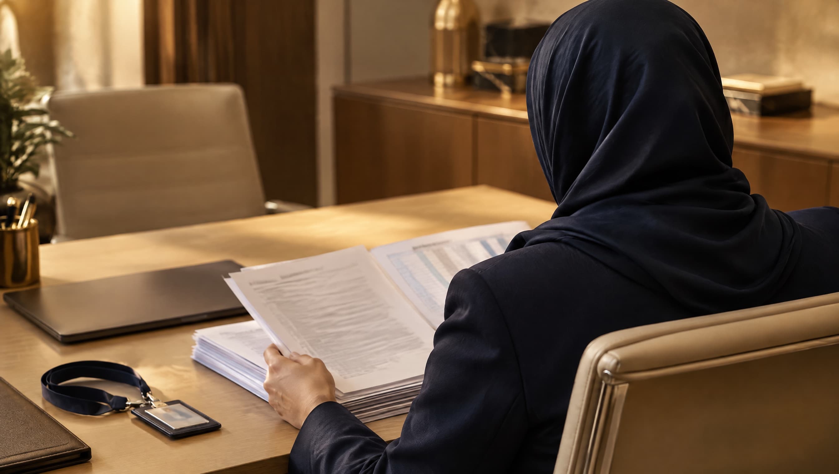 An HR manager reviewing employment contracts and a payroll printout at her desk.