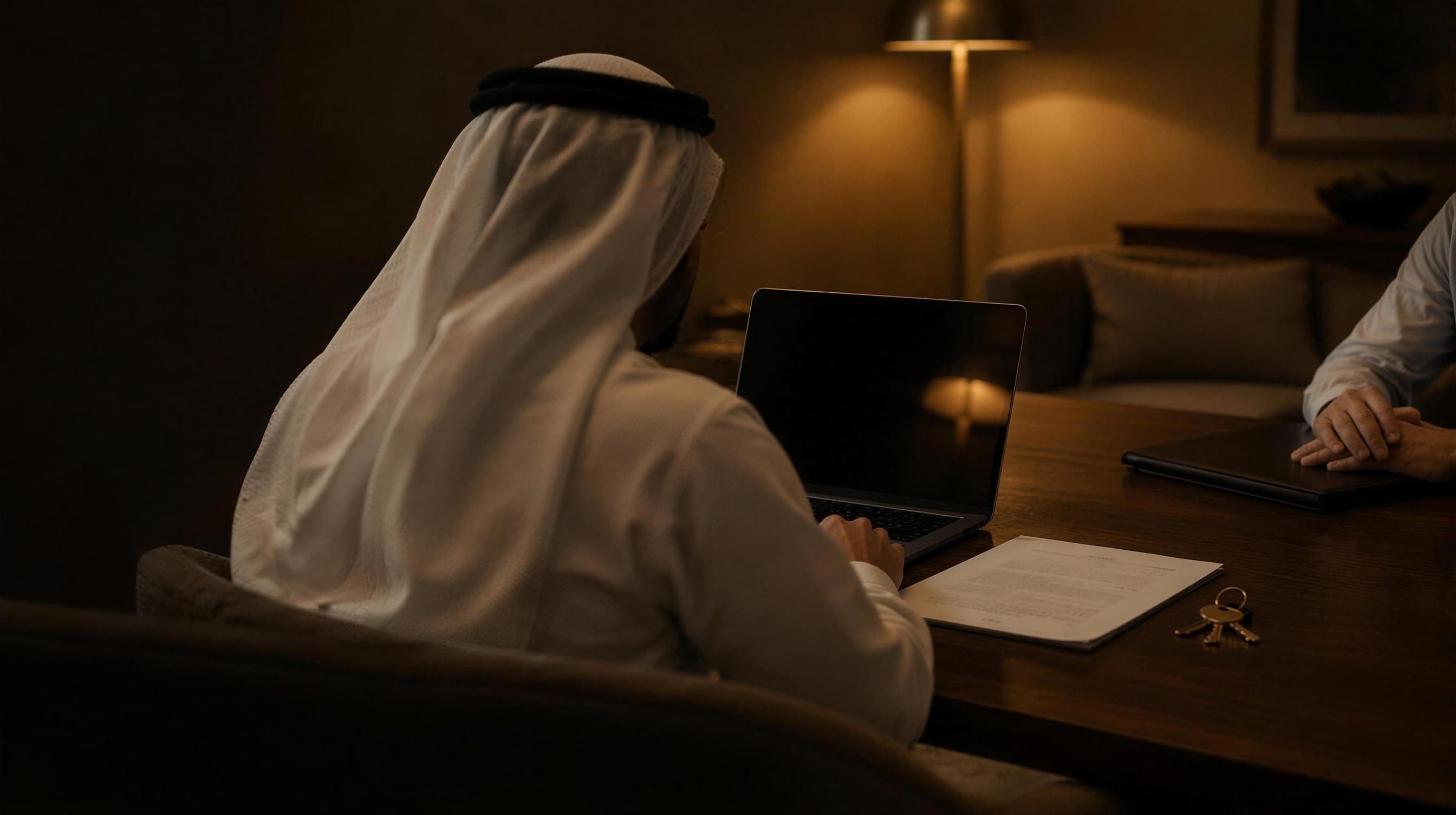 A landlord and tenant reviewing a lease before registering it online.