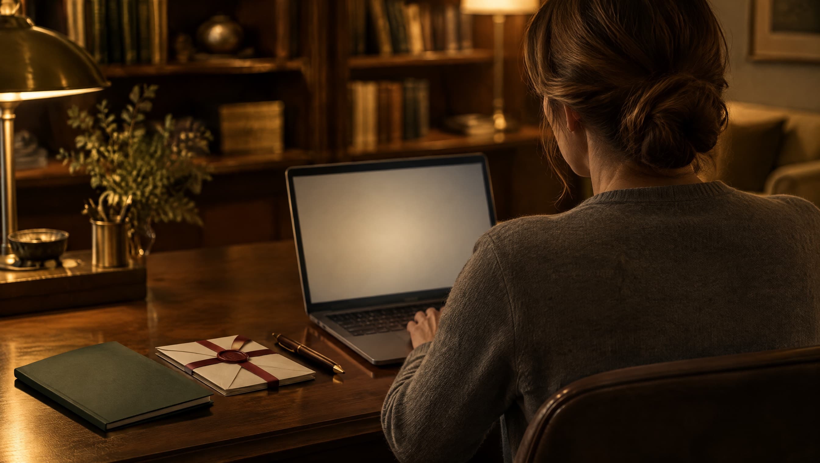 A woman abroad at her desk at night with a laptop and a sealed document from Qatar.