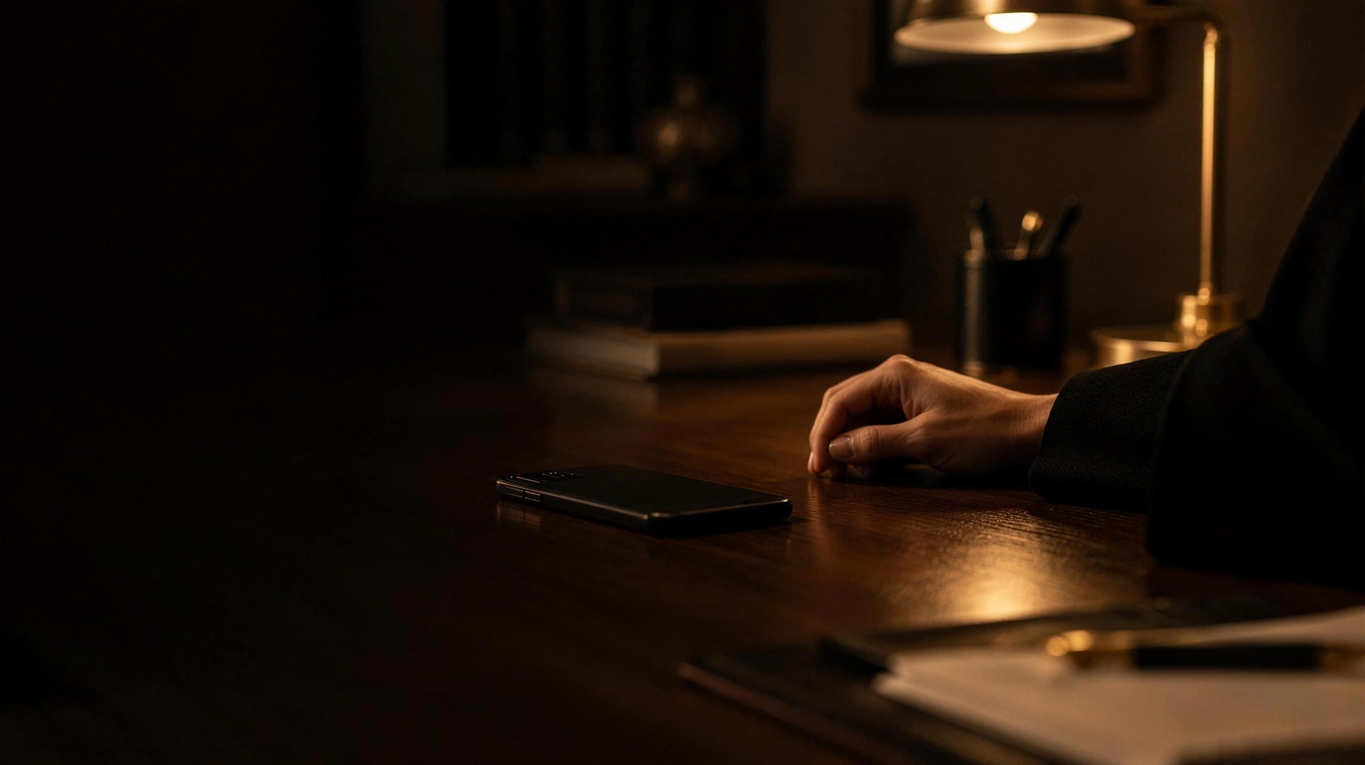 A phone lying face-down on a dark desk beside a woman's hand.
