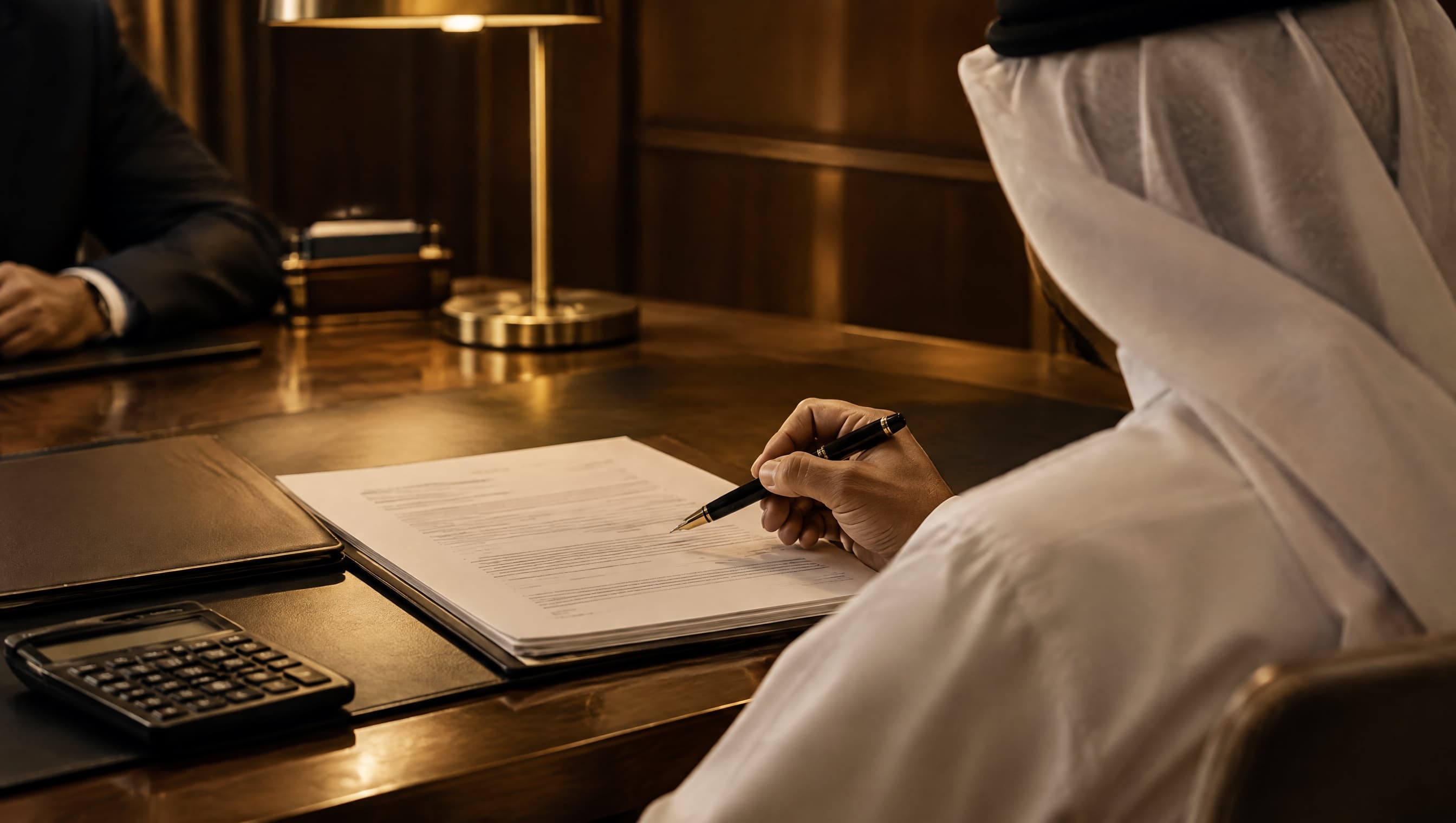 A businessman holding a pen over a loan document in a bank meeting room.