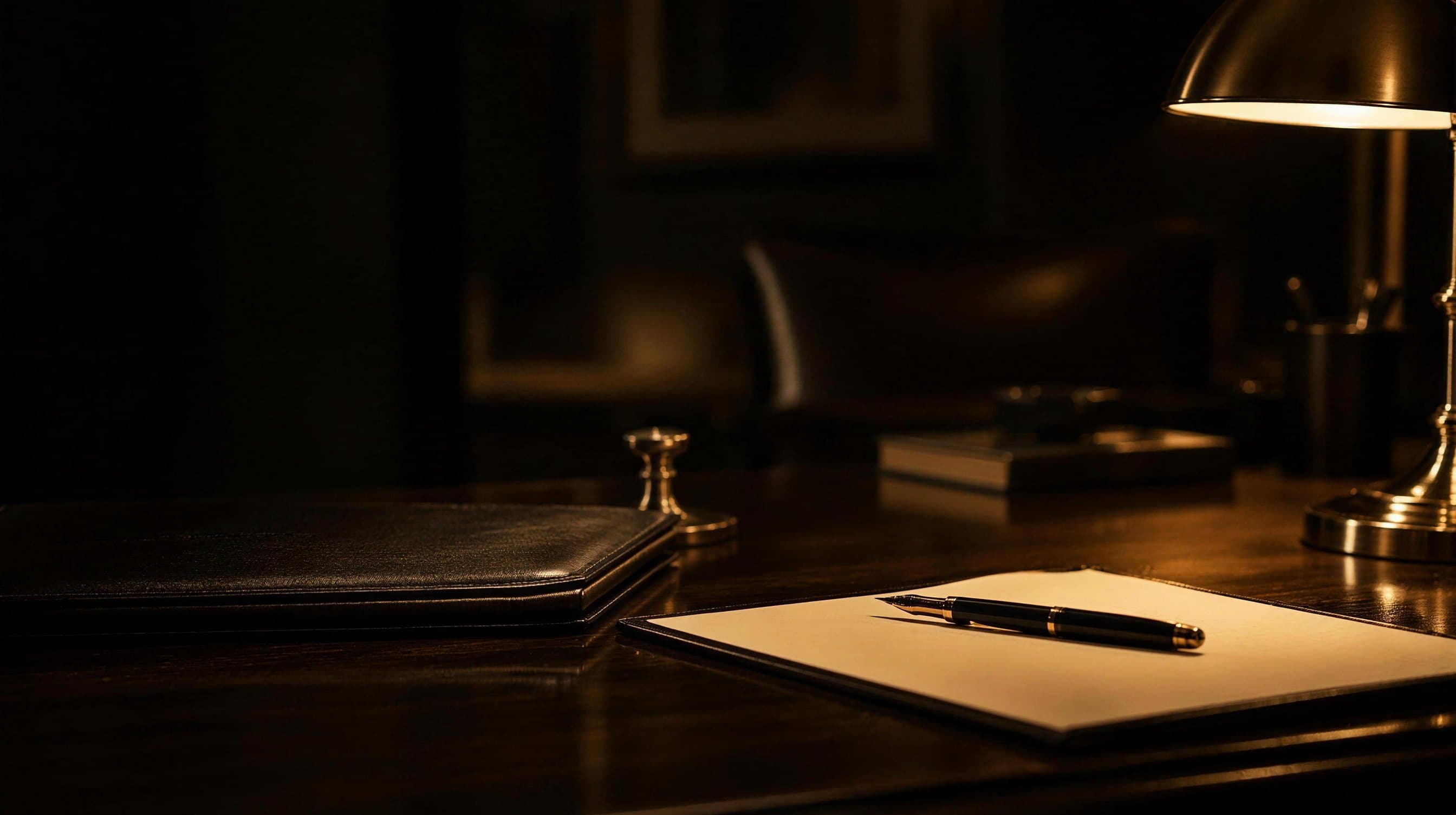 A pen resting on a blank signature page under a warm desk lamp.
