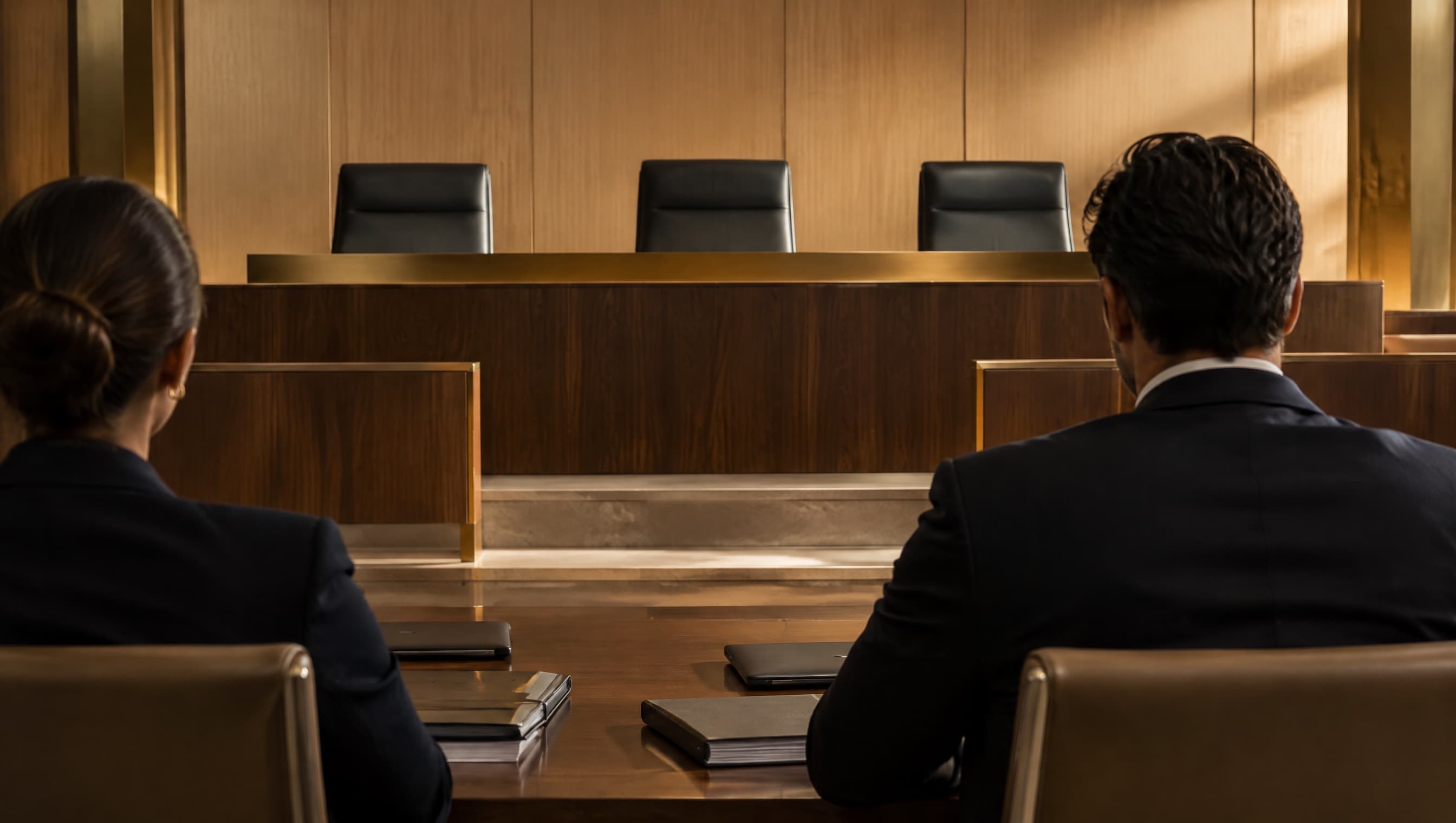 Two lawyers at a counsel table facing an empty judges' bench in a modern Doha hearing room.