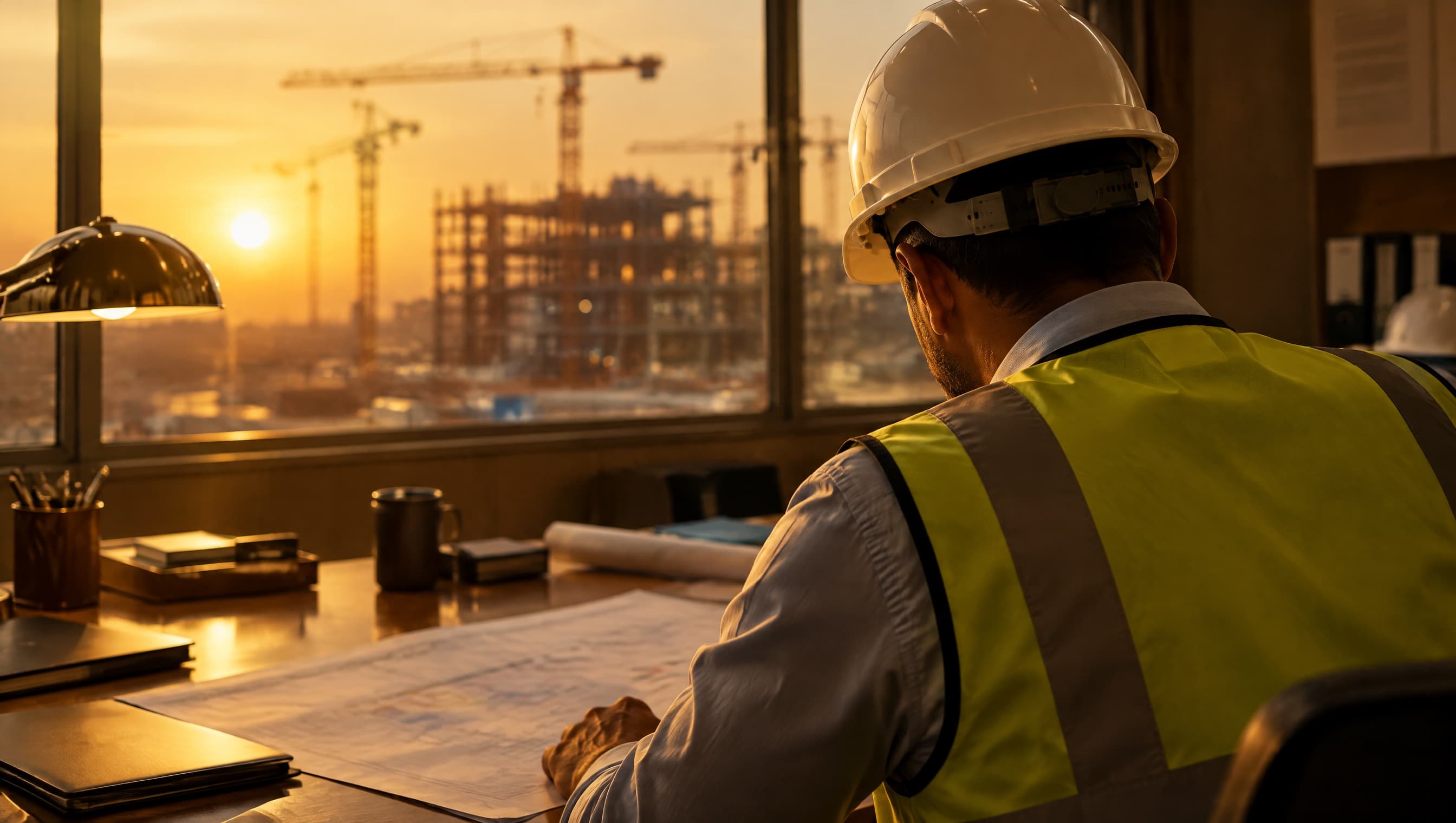 A site supervisor reviewing a work schedule in a construction site office.