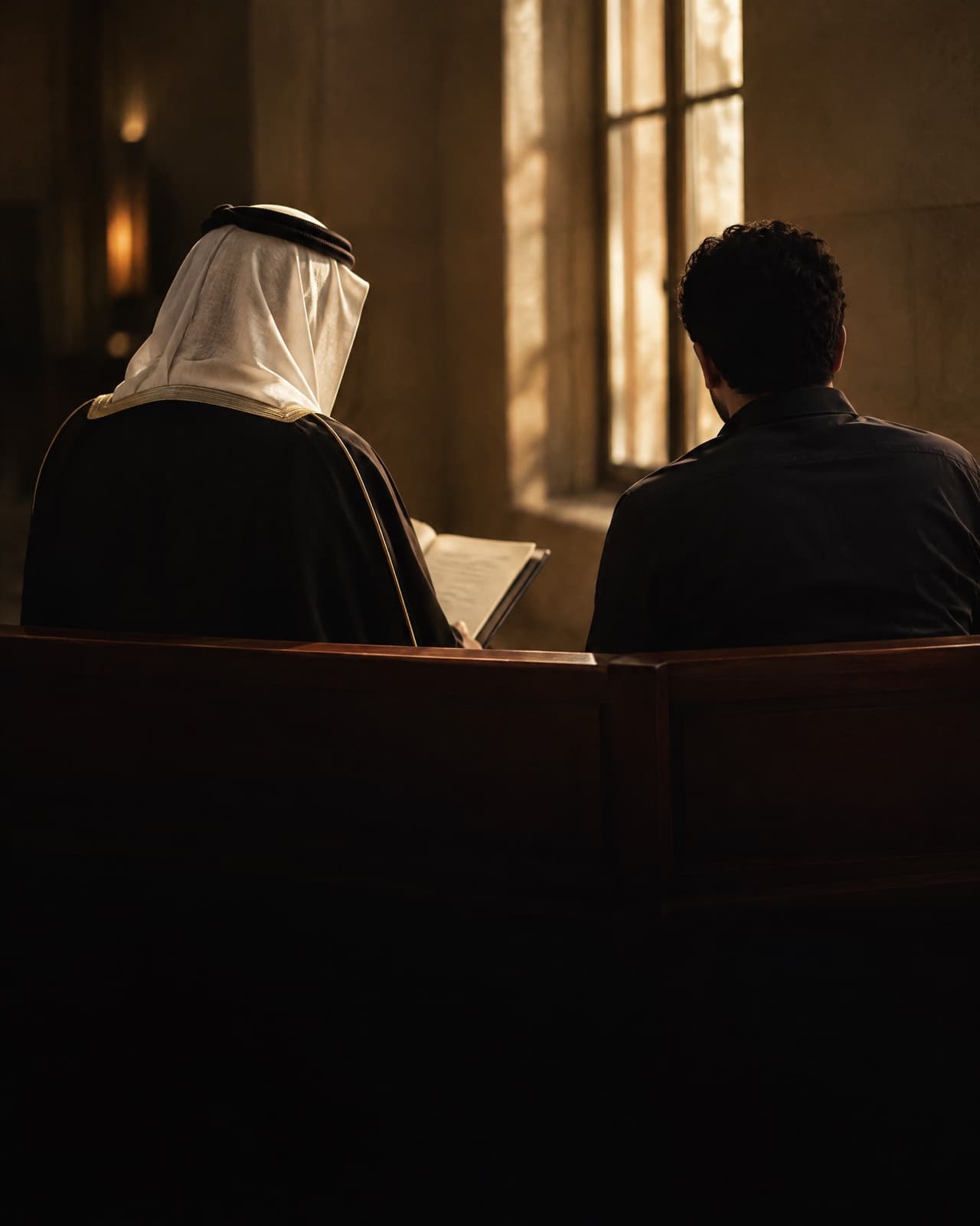 A lawyer and his client on a bench in a courthouse corridor, going through a folder together.