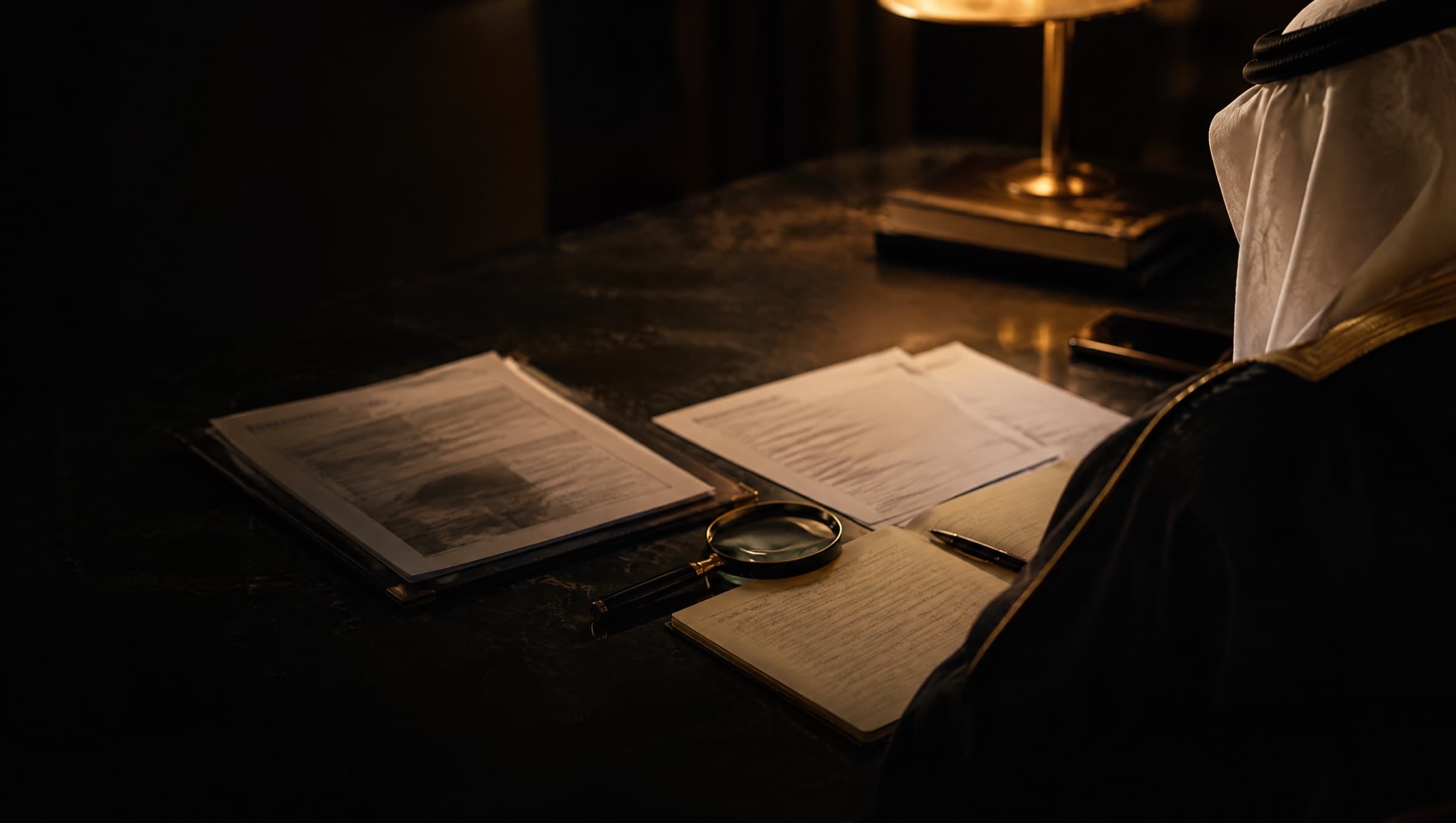Hands comparing a medical report with witness statements and a timeline on a lawyer's desk.