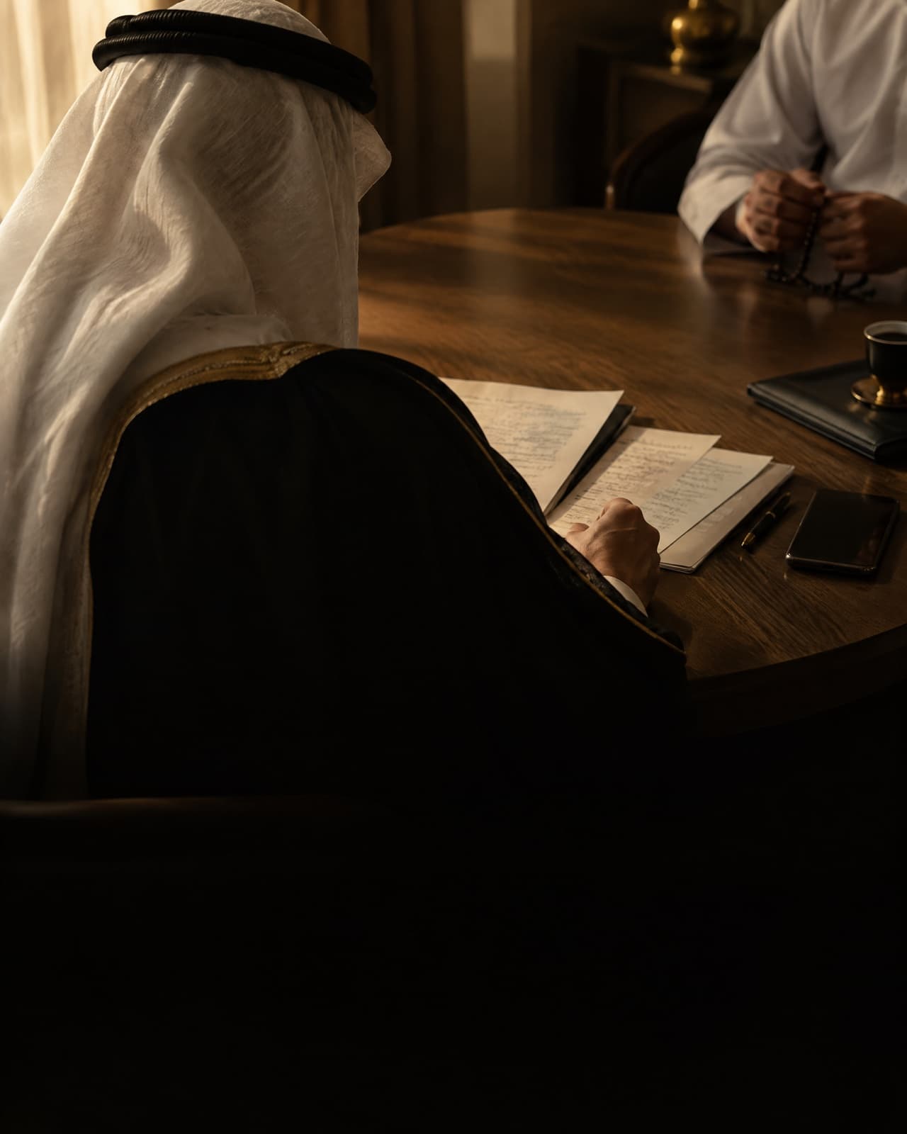 A lawyer and a client at a round table, going through handwritten notes of what was said.
