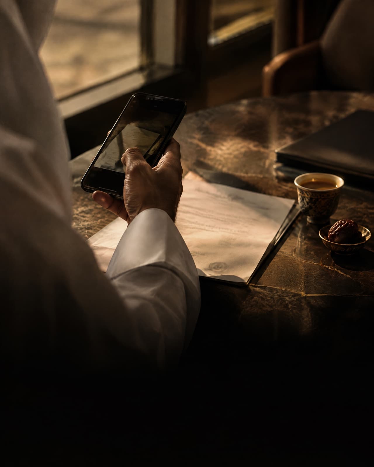 A hand taking a photo of an official letter with a phone, on a kitchen counter.