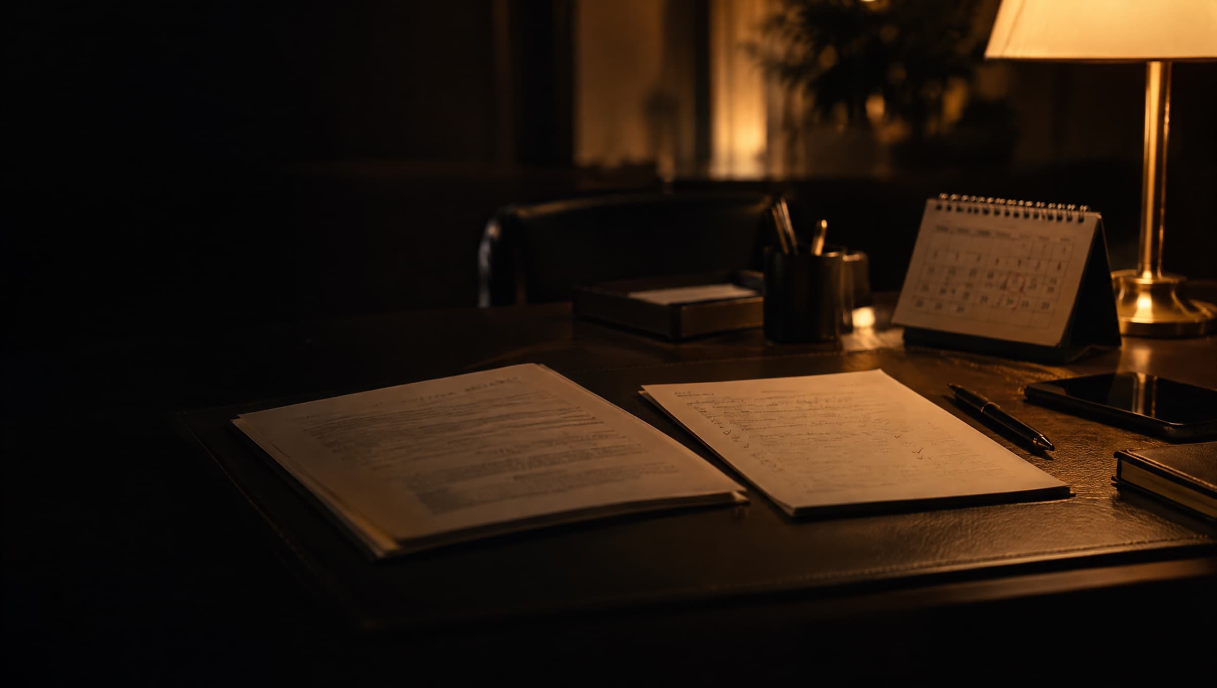 Two hands comparing a complaint with witness notes, line by line, under a desk lamp.