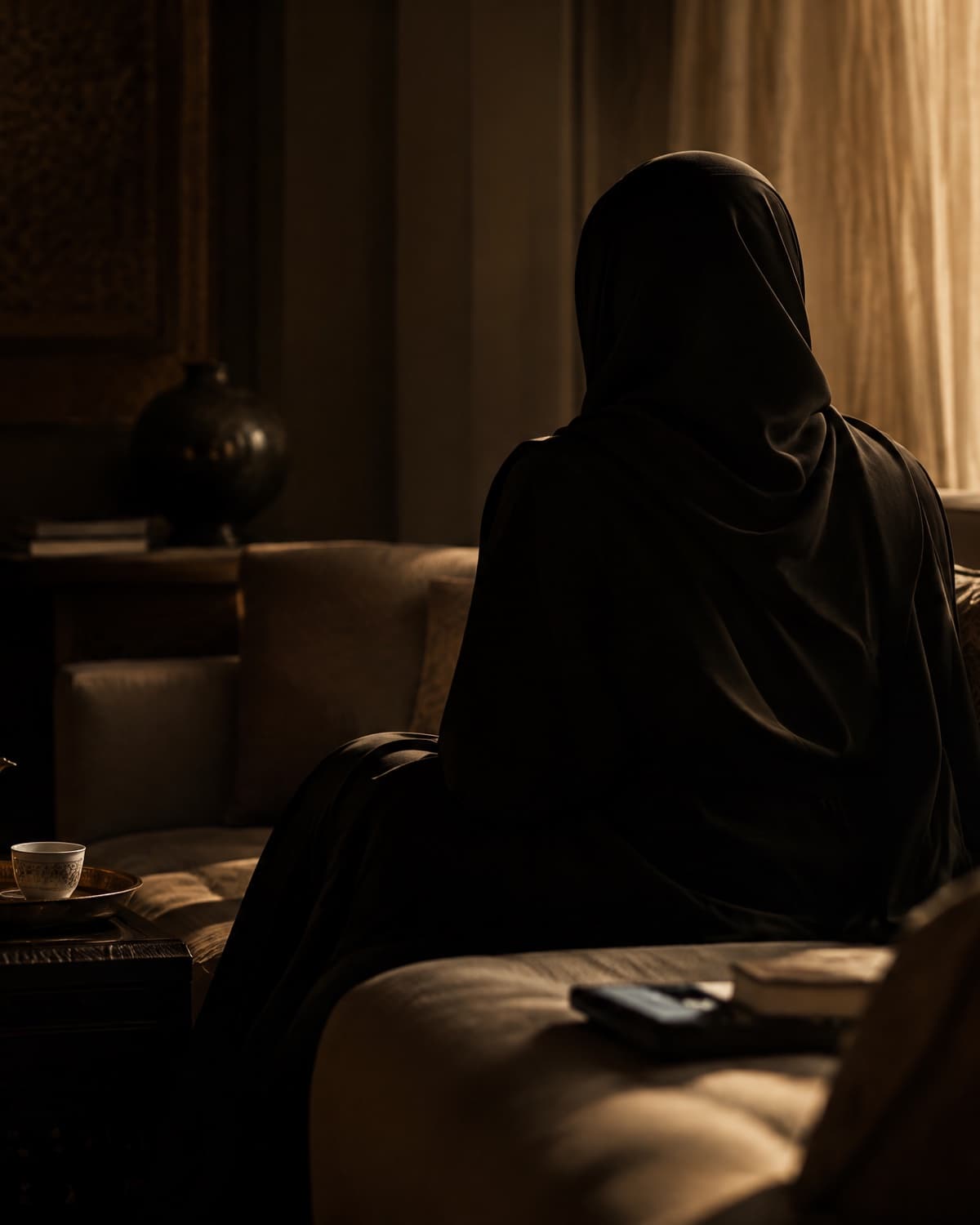A woman at home at dawn, holding her phone and waiting for news of a family member.