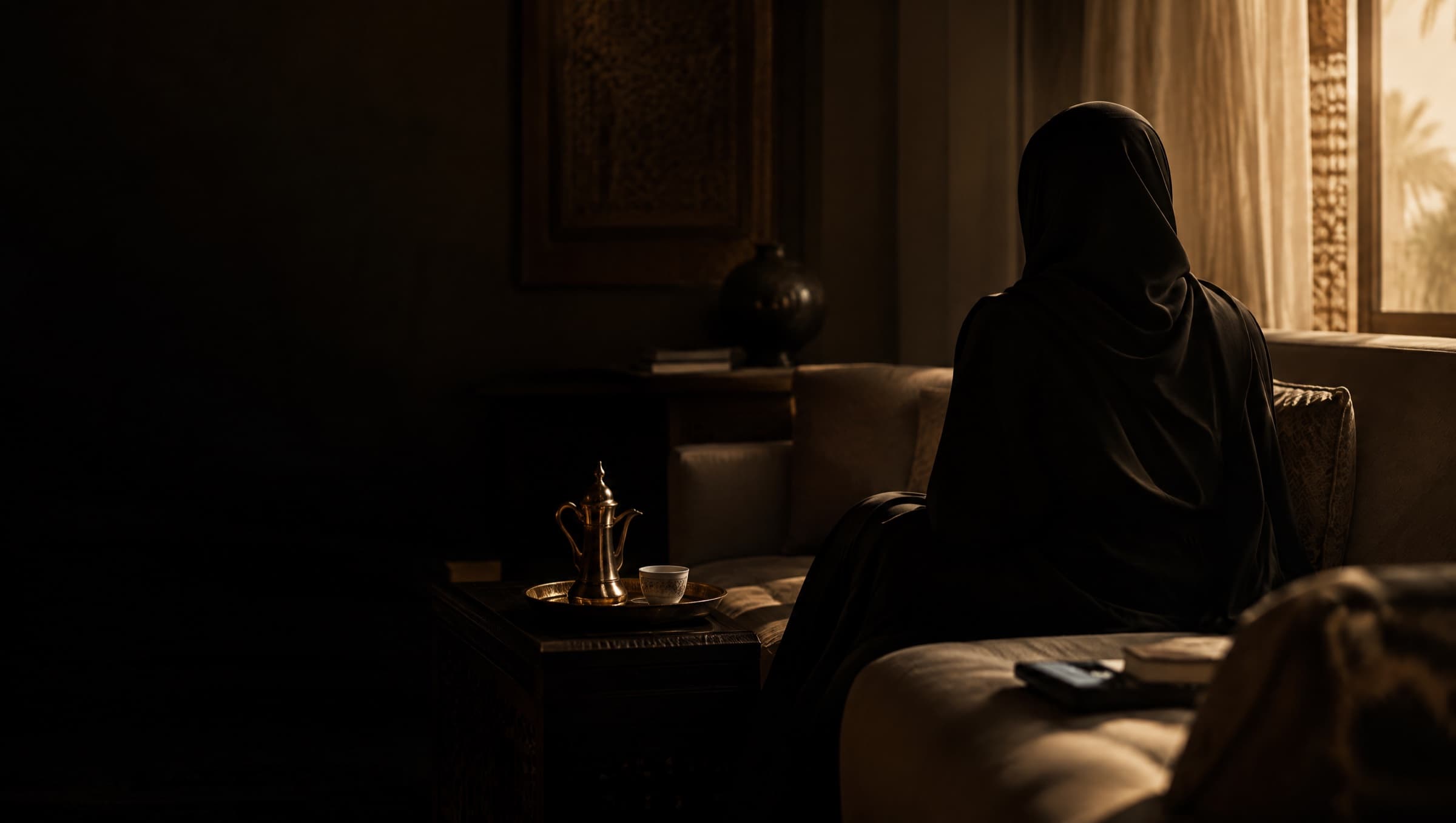 A woman at home at dawn, holding her phone and waiting for news of a family member.