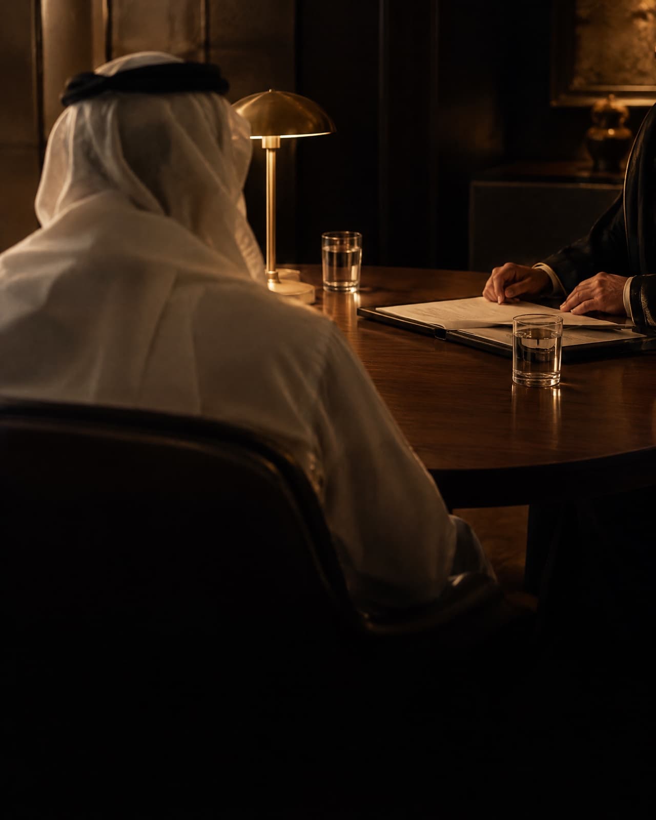 A lawyer and a client side by side on a bench in a courthouse corridor, going through a file.