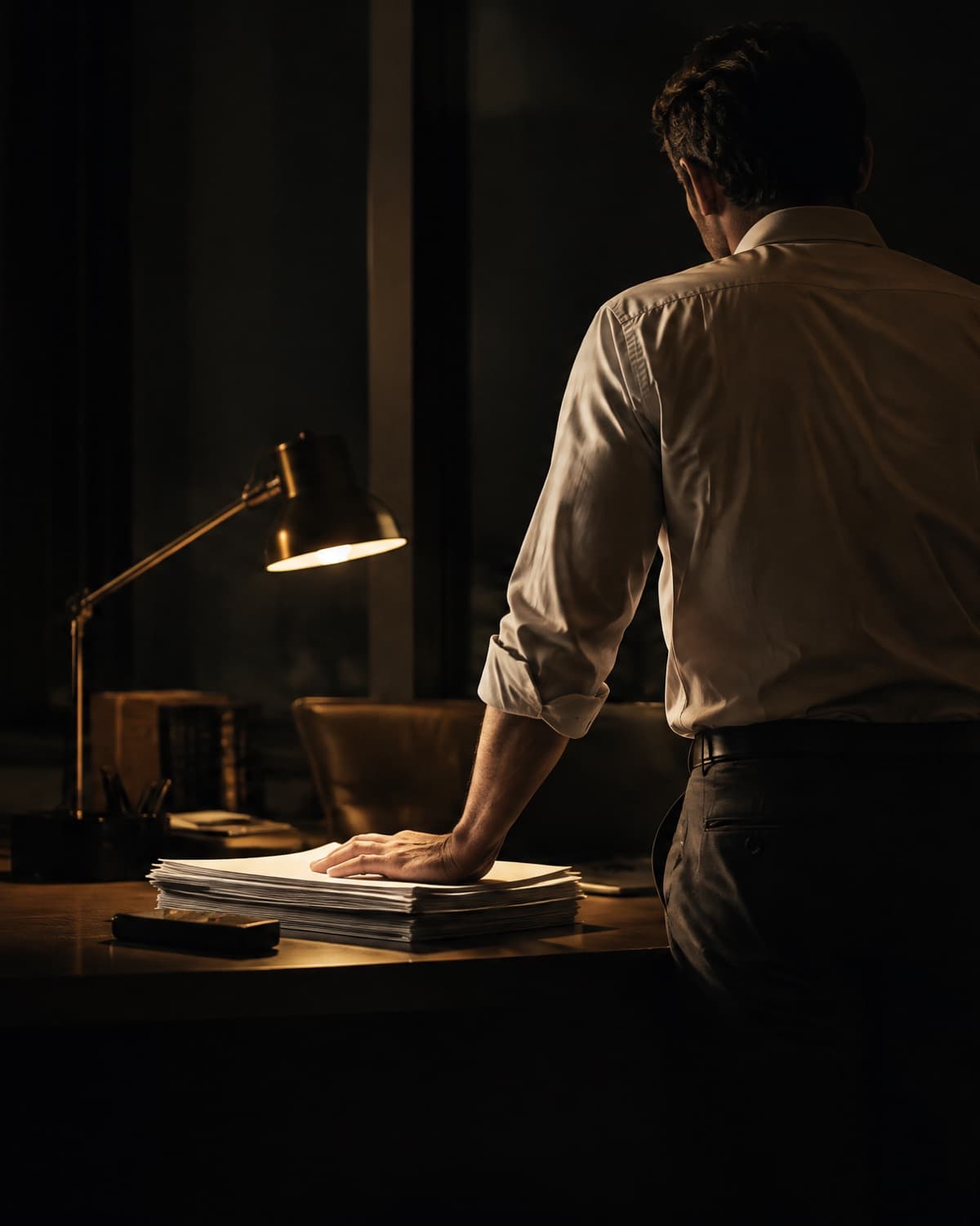 A man standing at his desk in an empty office at dusk, holding an opened letter beside a stack of bank statements.
