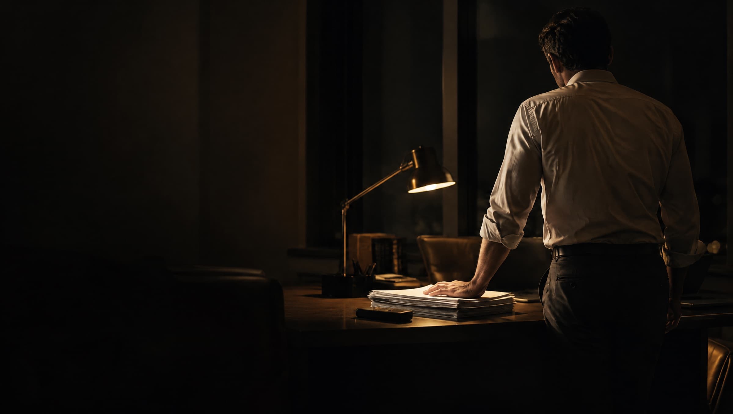 A man standing at his desk in an empty office at dusk, holding an opened letter beside a stack of bank statements.