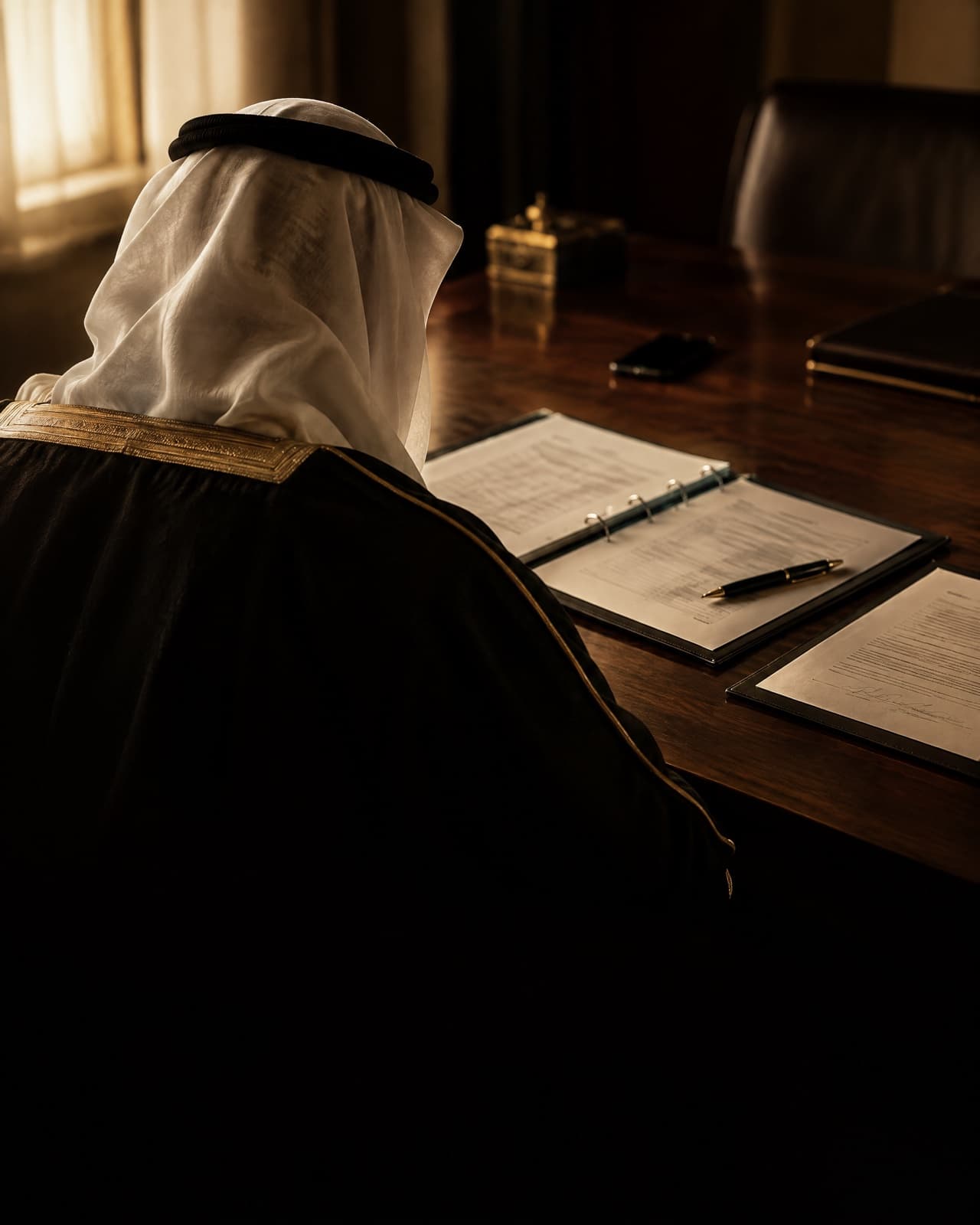 A lawyer and a client side by side at a meeting table, going through a binder of contracts and transfers.