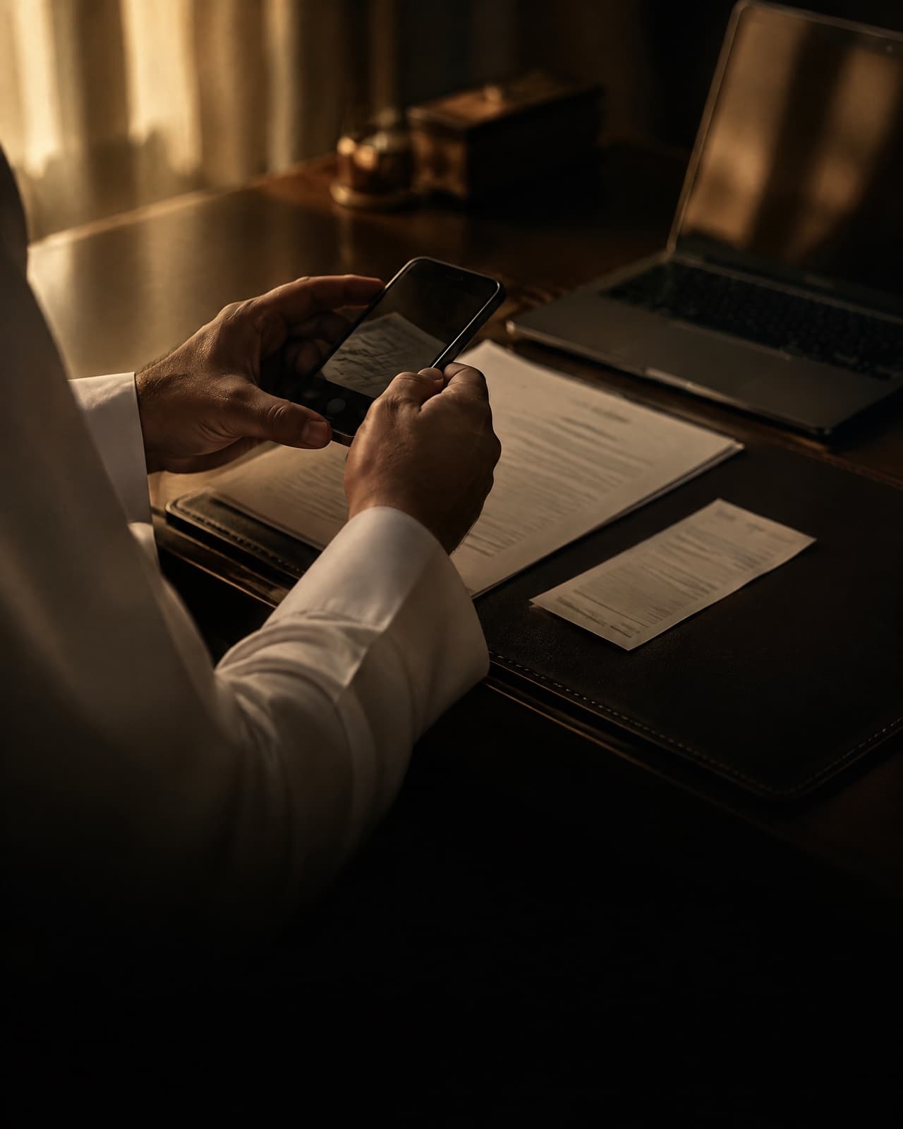 A hand in a parked car taking a phone photo of a contract and a bank transfer receipt.
