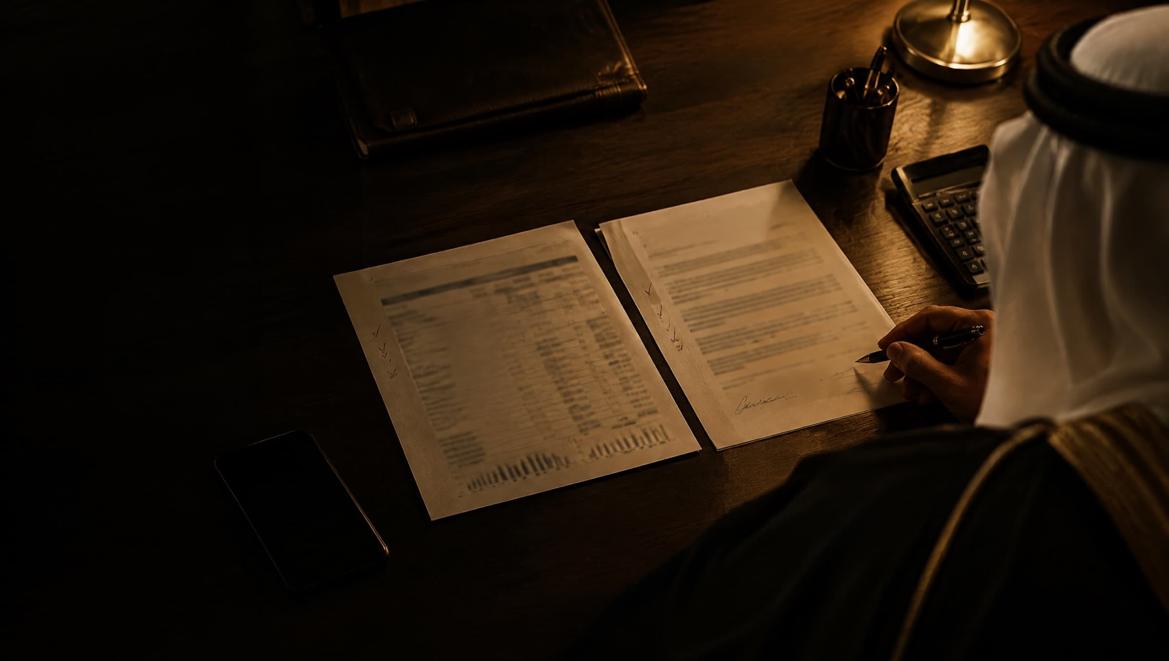 Hands matching a bank statement against a signed contract, line by line, with a pencil.