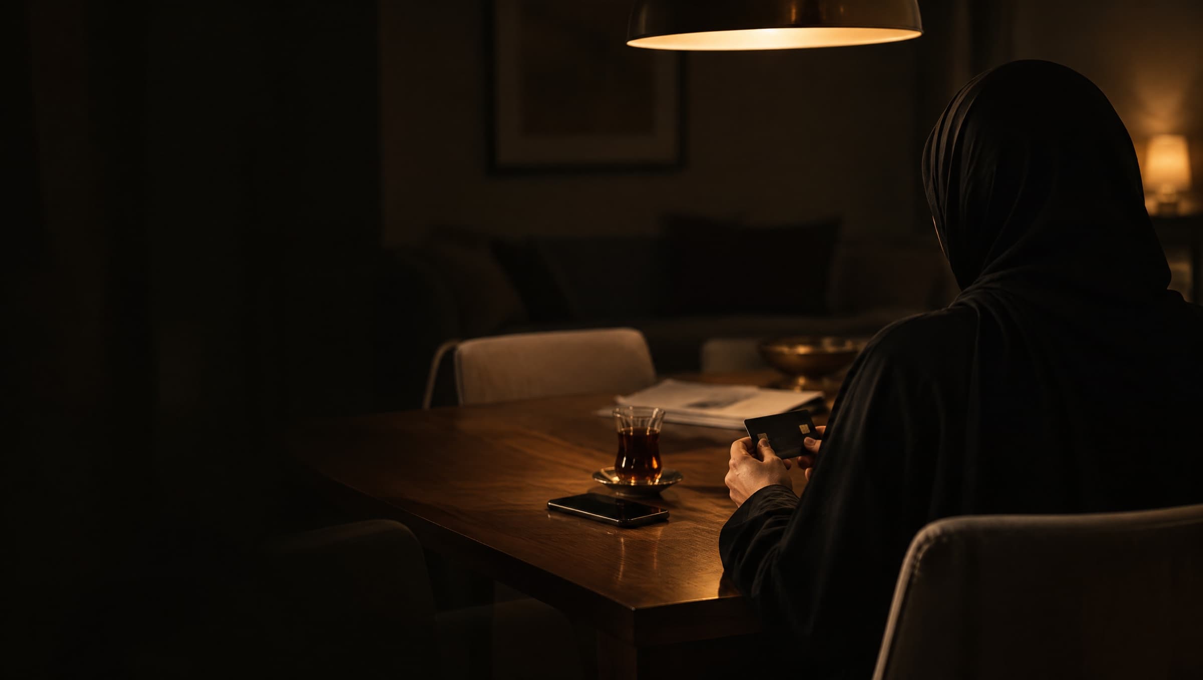 A woman in a parked car at dusk, looking at a banking app on her phone with her bank card in her hand.