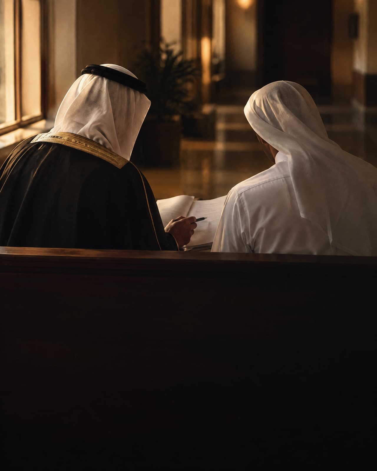 A lawyer and a client seen from behind on a bench in a courthouse corridor, going through a slim file.