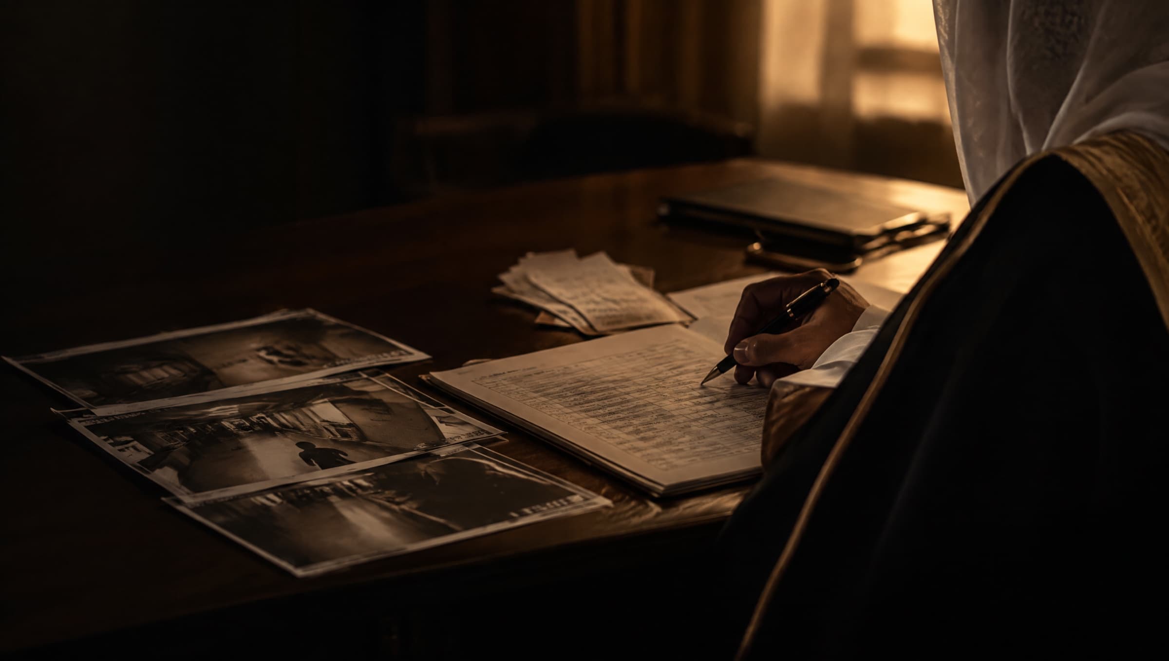 Printed camera stills and a staff sign-in sheet on an office table, with a pen marking the times.