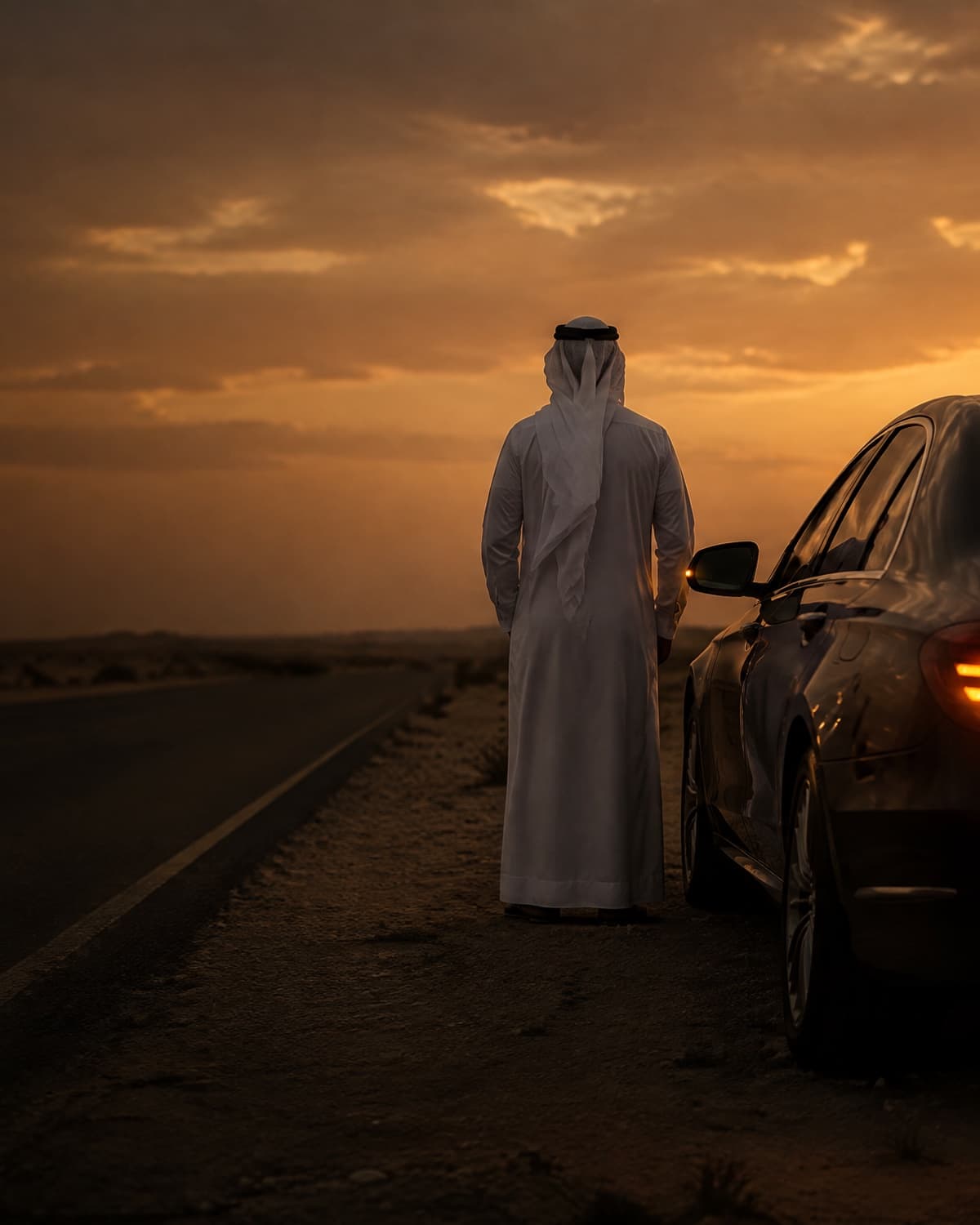 A man standing by his parked car on a quiet road at dusk, hazard lights on, phone in hand.