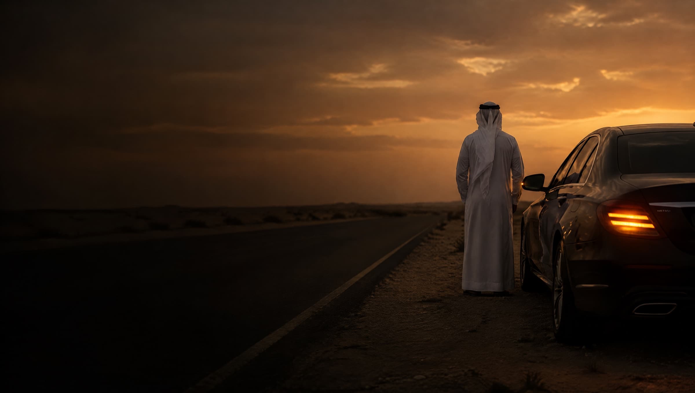 A man standing by his parked car on a quiet road at dusk, hazard lights on, phone in hand.