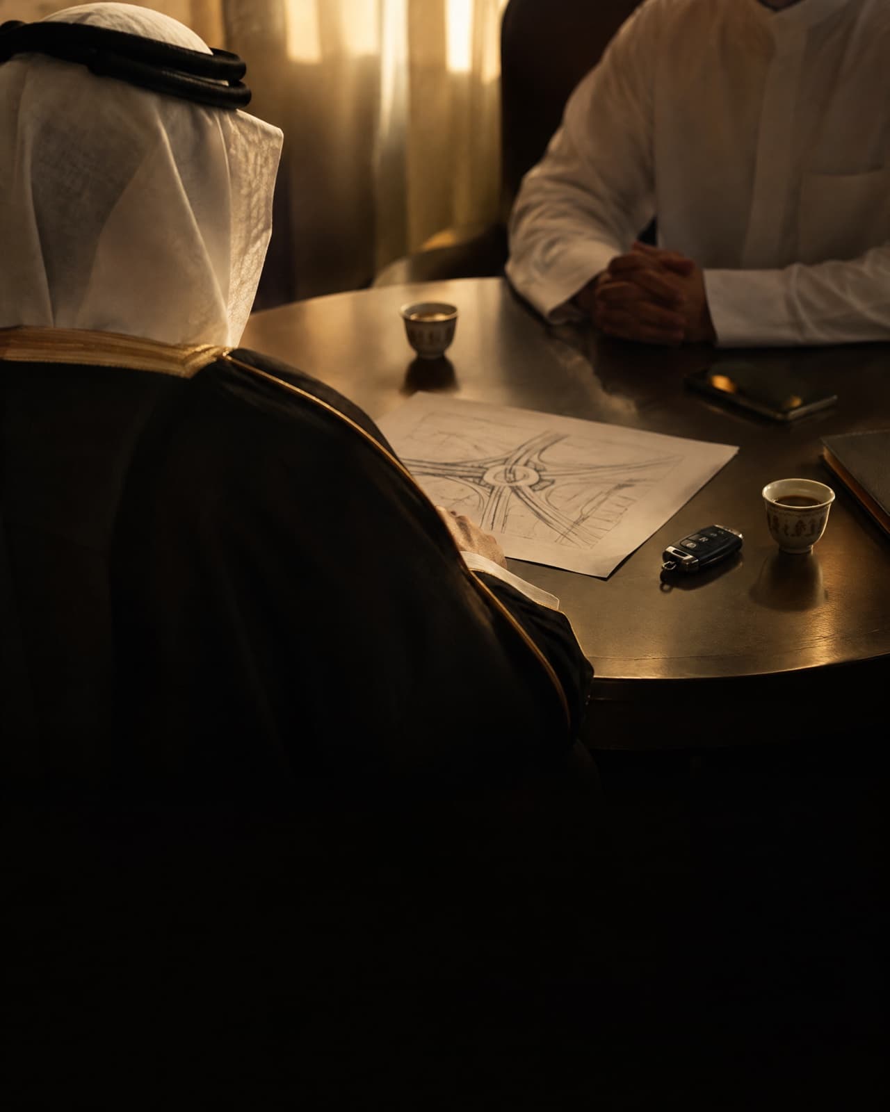 A client and a lawyer side by side at a round table, going through accident papers and a road sketch.