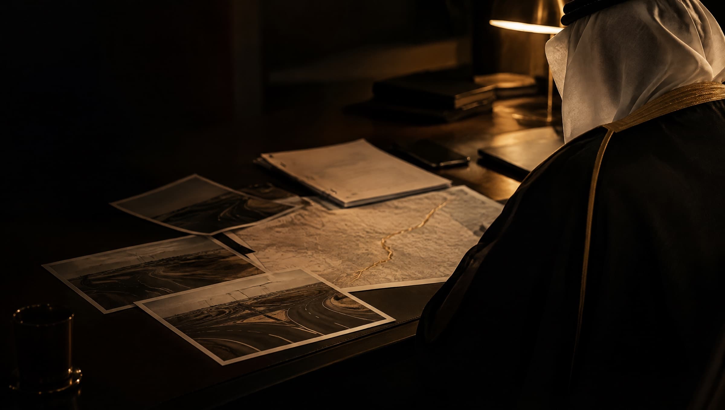 Hands comparing printed photos of a road junction with the accident report on a desk.