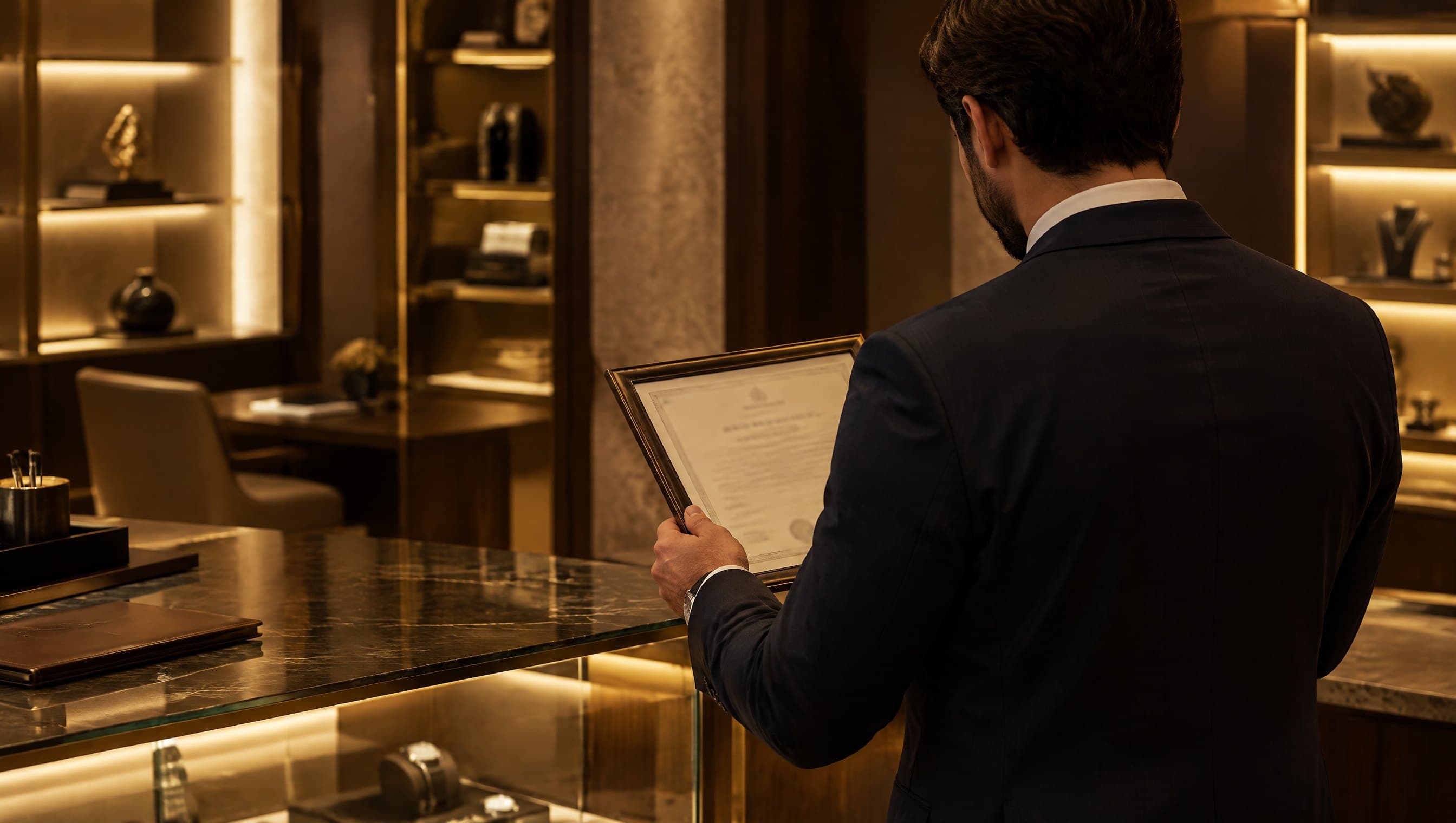 A businessman studying a framed commercial licence in an empty shop after hours.