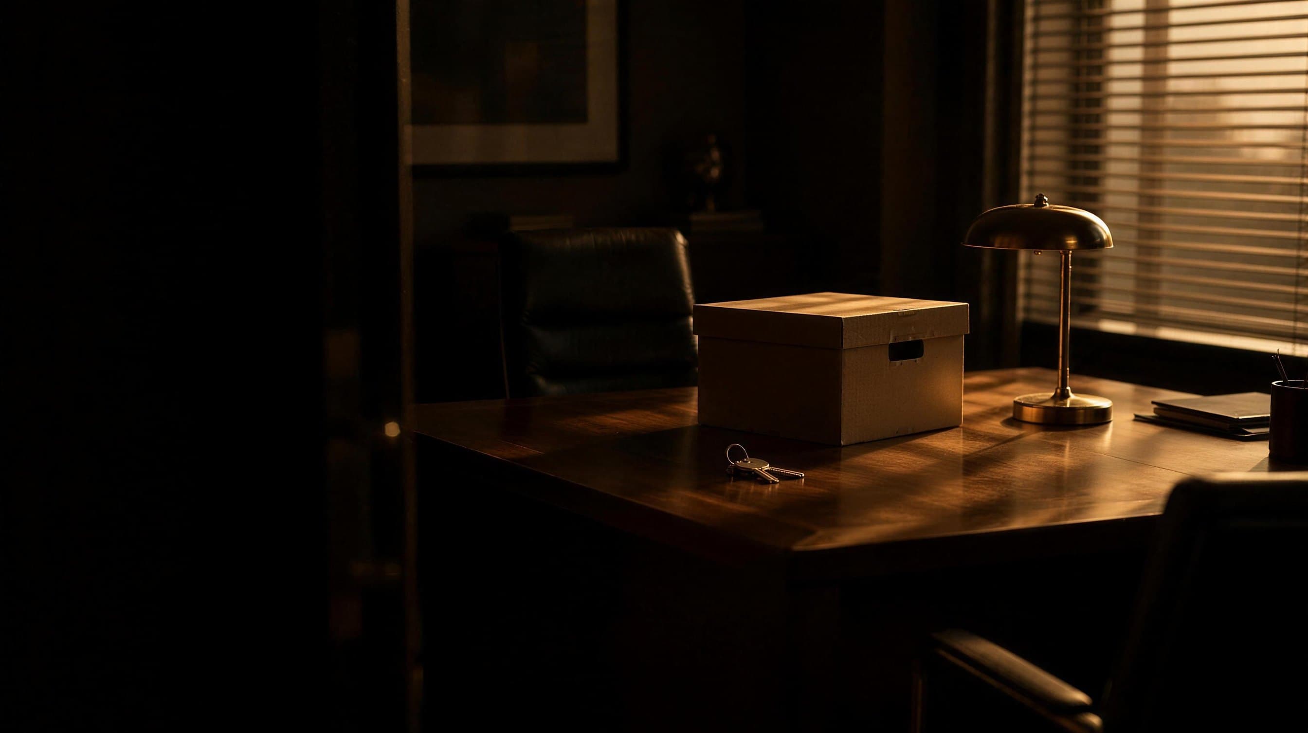 A cleared office desk with a closed archive box and a switched-off lamp.