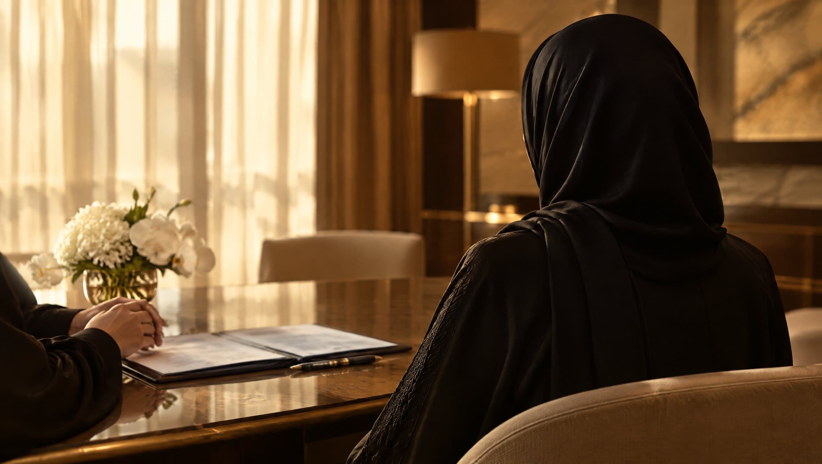 A woman in an abaya in a consultation with a female advisor.