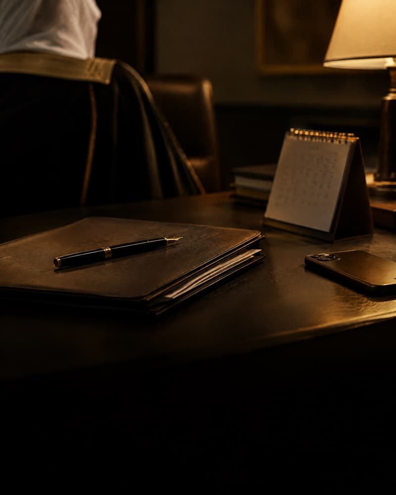 A closed folder, a fountain pen, a desk calendar and a phone face down under lamp light