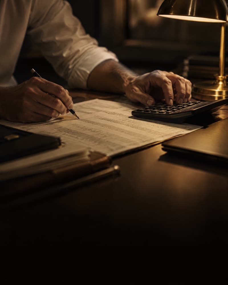 Hands working through printed ledgers with a calculator under a desk lamp